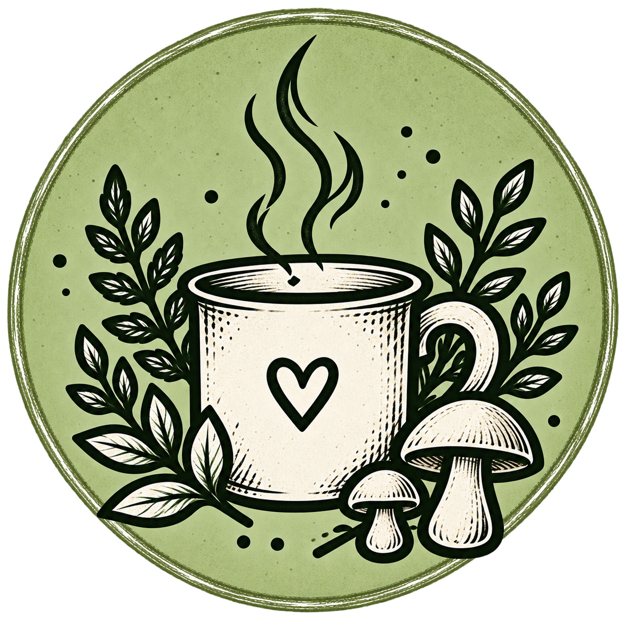 Illustration einer dampfenden Tasse mit Pilzen und Blättern als Icon für Waldküche