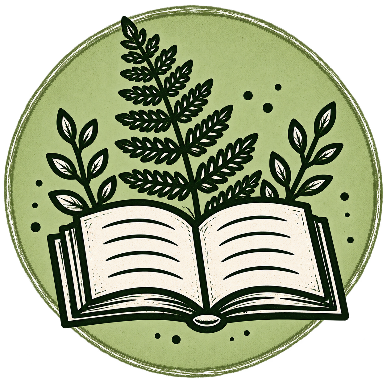 Illustration eines offenen Buches mit Farn und Blättern als Icon für Waldwissen