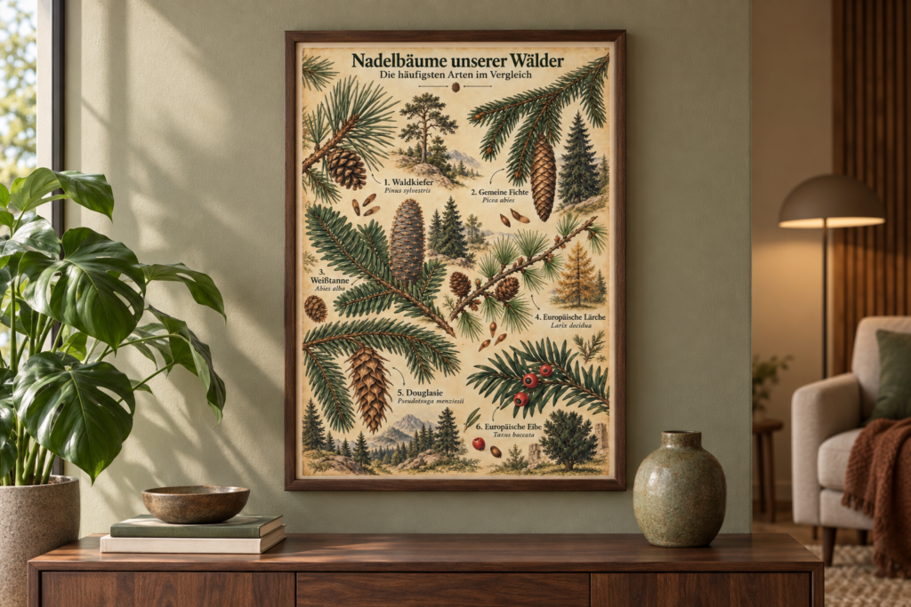 Nadelbäume unserer Wälder – Vintage-Botanikposter
